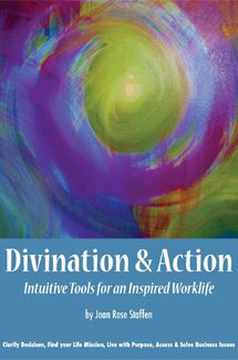 A painting of an abstract design with the words divination & action.