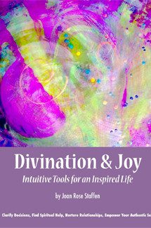 A purple and green painting with the words divination & joy.