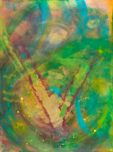 Abstract painting with green, blue, and yellow hues.