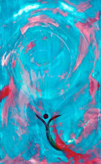 Abstract painting with blue and pink swirls.