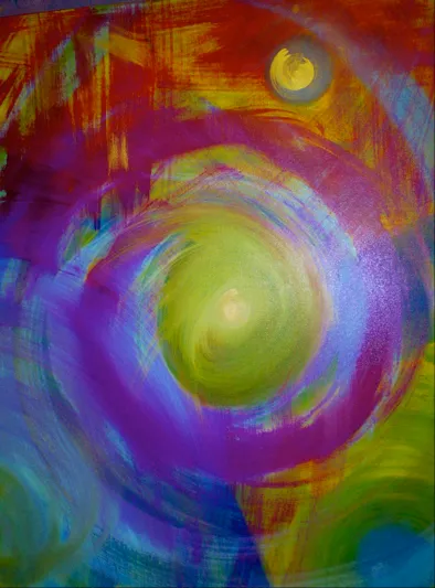 Abstract painting with purple and green swirls.