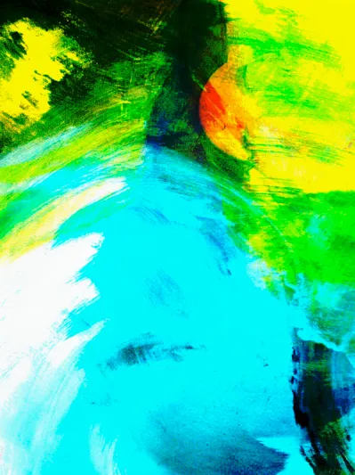 Abstract painting with blue, green, and yellow.