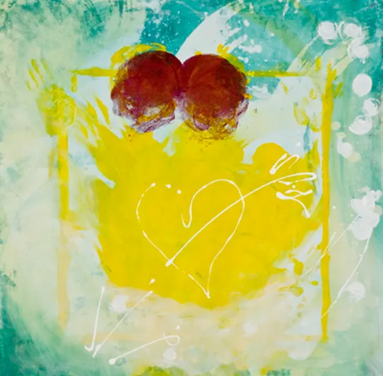 Abstract painting with red and yellow shapes.