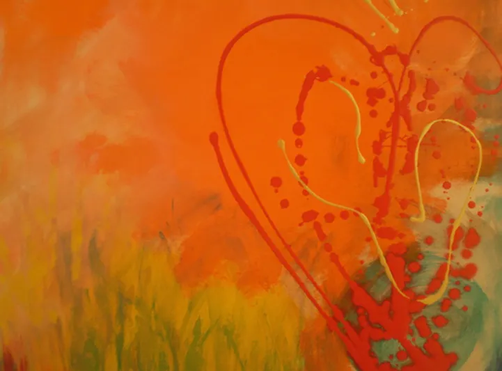 Abstract painting with red, orange, and yellow.