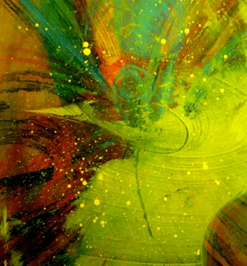 Abstract painting with green, yellow, and red hues.